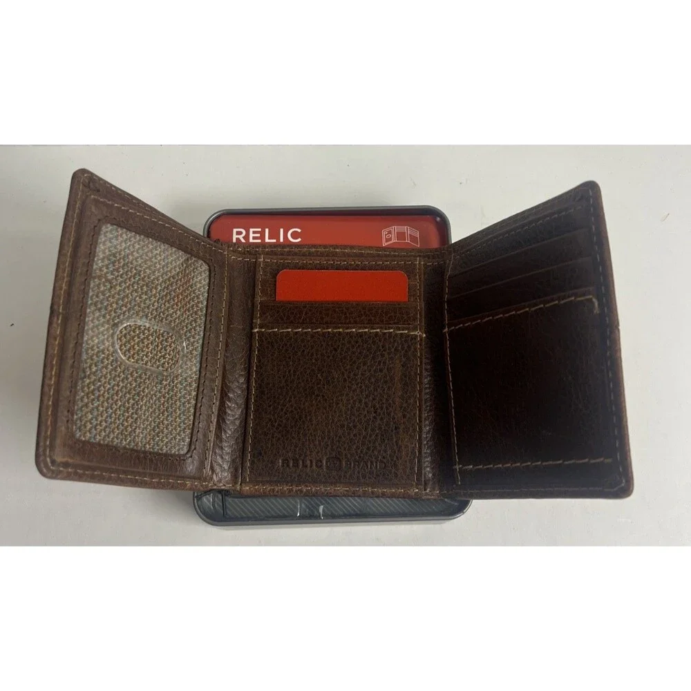 Relic Brown Leather Trifold Wallet W/Stitching RML5820200 Metal Case New